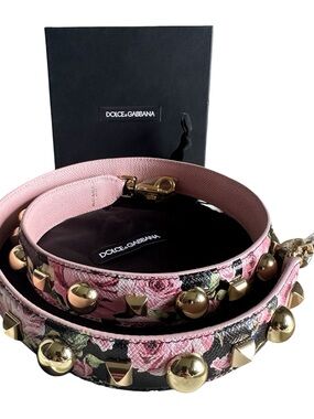 Dolce & Gabbana Pink Floral Studded Leather Shoulder Strap Gold Hardware 39” NIB